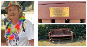 picture of Simone wearing a rainbow hat, rainbow garland and pride t-shirt. Picture of memorial bench. Picture of plaque which reads Those who touch our lives stay in our hearts forever. Simone Cooke 1976 - 2023. An inspiration to all who knew her. "I don't know where I'm going from here, but I promise it won't be boring" - David Bowie